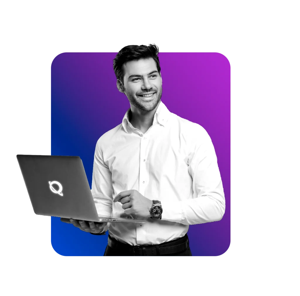 man posing with iquasar laptop