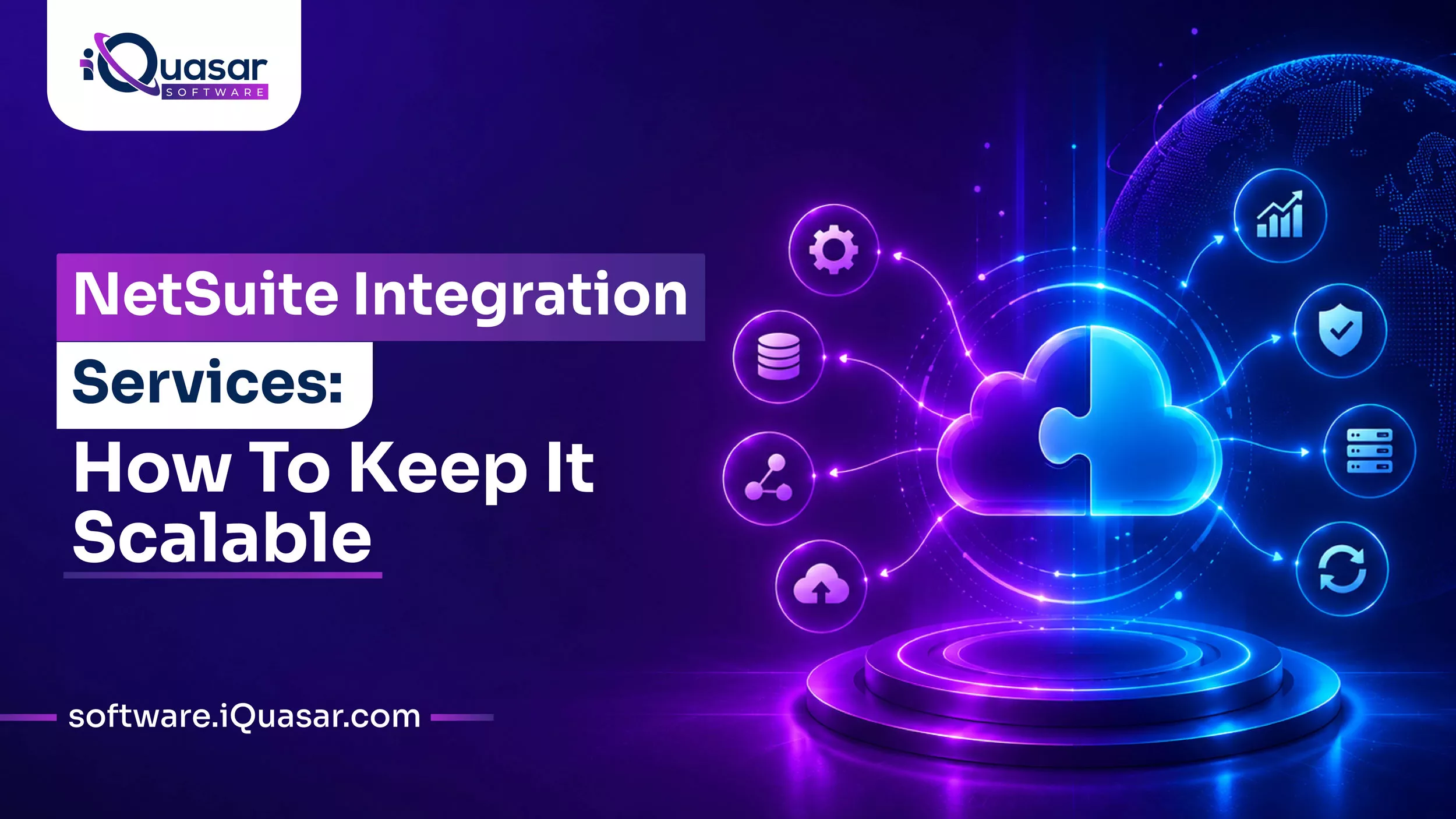 NetSuite Integration Services illustration showing a cloud integration hub connecting databases, analytics, security, servers, and sync workflows.