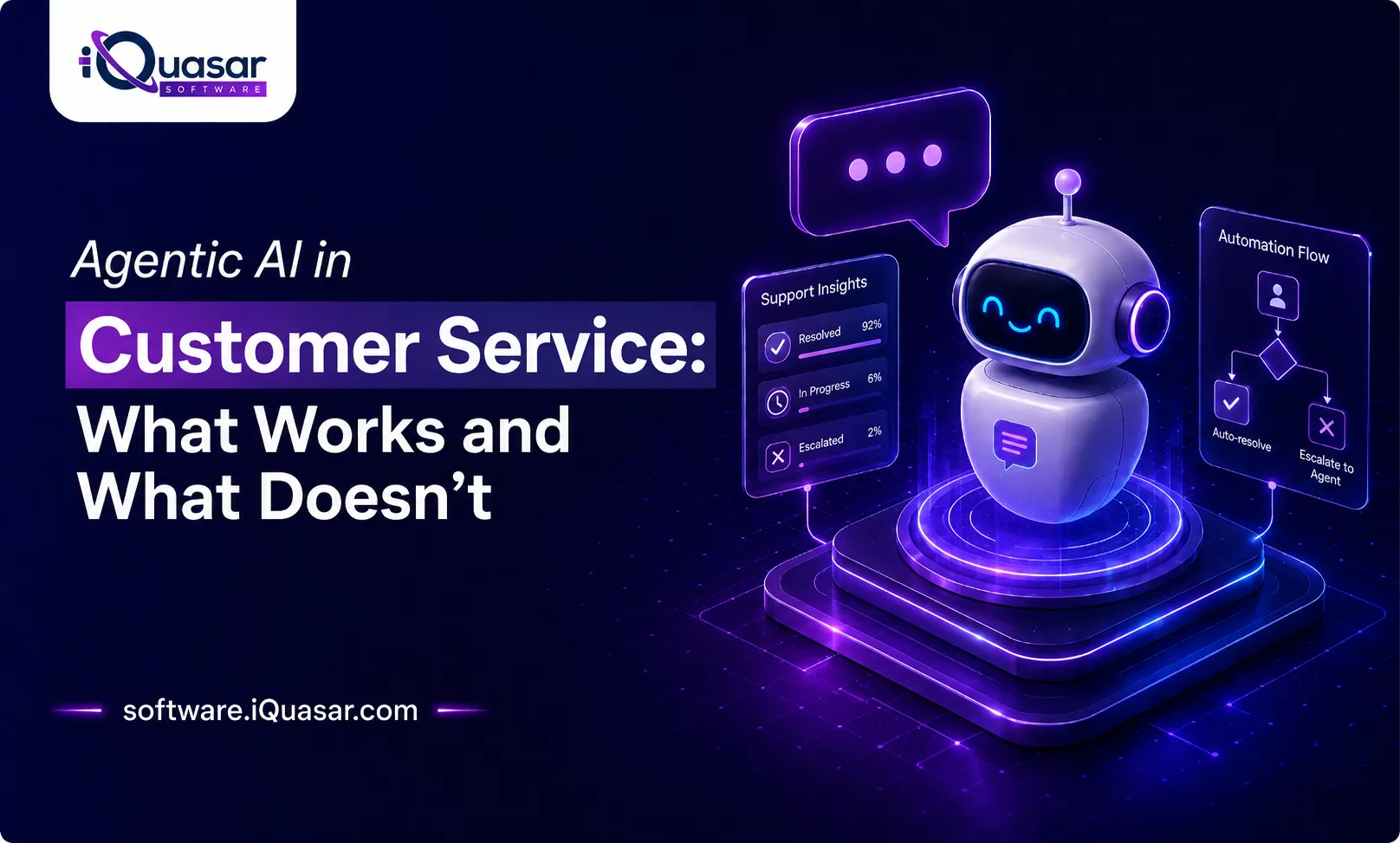 Agentic AI customer service illustration showing an AI support bot, support insights dashboard, and automated escalation workflow.